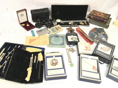 A Small Collection mixed items including a silver necklace with green stone pendant, boxed equilibrium jewellery, common prayer book, miniature binoculars, a silver hallmarked pencil