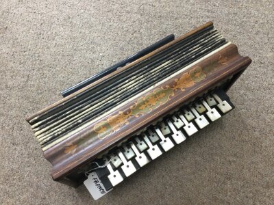 Antique French 19 key French Flutina squeeze box accordion 1830s with mother of pearl inlaid decorations made by Alexandre Pere & Fils. Length 13” (33.5Cm) in working order a/f