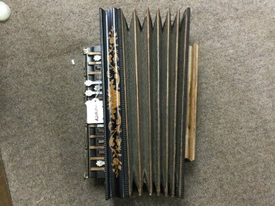 Antique 19th century French marquetry inlaid Flutina squeeze box accordion in working order a/f , length 15” (38cm)