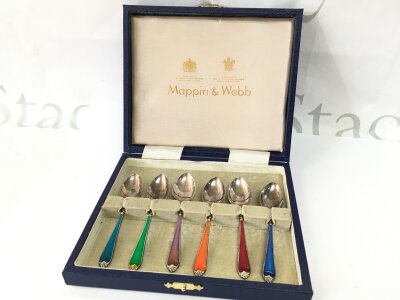 Mappin & Webb unmarked white metal and gaelloch enamel spoons