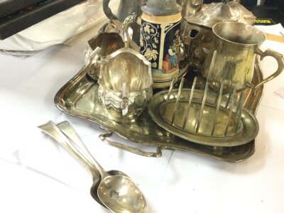 Three Georgian silver hallmarked spoons (170g) and a collection of silver plate