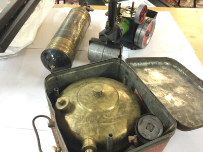 A Mamod steam engine Swiss vintage , a camping stove and vintage brass fire extinguisher (3)