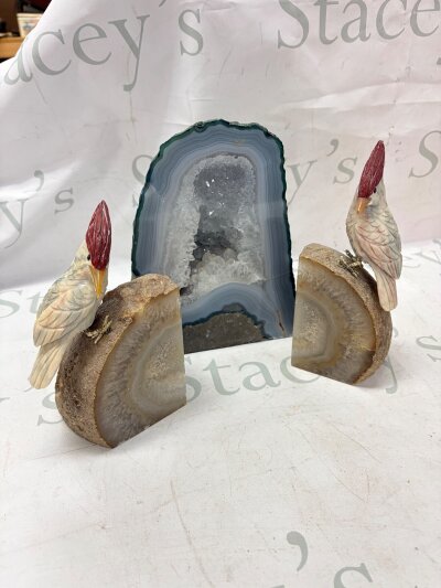 An Ameythst Geode and two smaller geodes with bird figurines perched on top A/F NO RESERVE