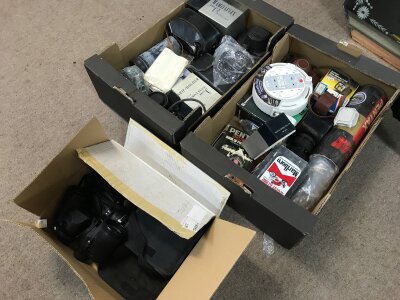 ÞyA Collection of camera equipment including Mamiyaflex, Hanimex Holiday II , binoculars scope 7x50 , Prolosirs 12x50. (Five boxes in total)