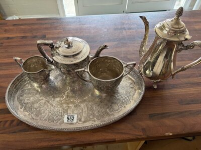 An Edwardian silver plated tea set with a later oval tray (4) NO RESERVE