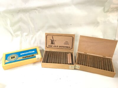 Boxed cigarellos including The Old Windmill 32% Cuban tobacco , senoritas natural , tobacco alley
