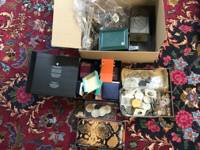 A Collection of costume Jewellery, boxed Aspinal of London purse, world coins , Rolex box