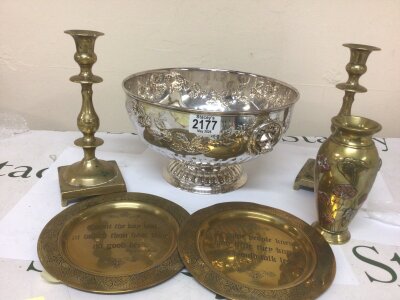 A Silver plated punch bowl. A pair of brass candle sticks late 19th century Japanese brass vase and two small brass dishes