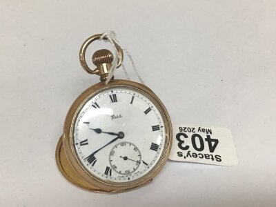 A gold plated pocket watches button wind seen working Swiss made Reid
