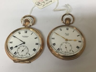 Two Gold plated pocket watches button wind a Swiss made Limit no 2 screw back seen working and one other maker W H Thorpe Harrogate for repair (2)