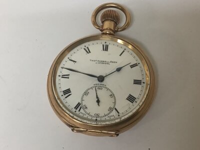 A Gold plated pocket watch button wind seen working maker Thomas Russell & Son Liverpool.