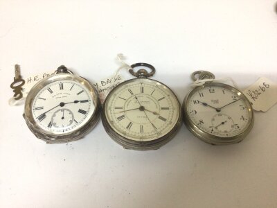Three pocket watches a Chronograph silver cased M Brodie Manchester a key wind watch Swiss movement retailer H E Peck London and a Limit No 2 (3) spare or repair