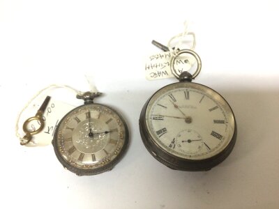 A small Swiss silver cased key wind pocket watch  and one other silver case Waltham pocket watch (2)