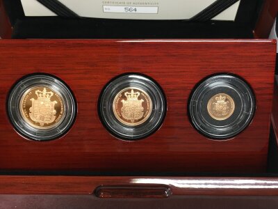2025 Three coin gold proof sovereign set including full, half and quarter sovereign.