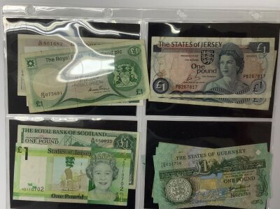 A mixed collection of British banknotes including Jersey, Gurnsey Scotland, Ireland, Approx face value of £400.00. (Shilling notes/£ notes). 140 + Notes various conditions