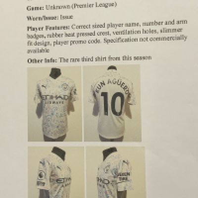 Manchester City 2020 - 2021 Match Issued Football Shirt: Issued to Aguero. Rare third shirt. Full details with online pictures.