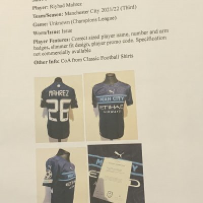 Manchester City 2021 - 2022 Match Issued Football Shirt: Issued to Mahrez in the Champions League . Full details with online pictures.