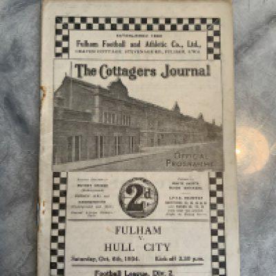 34/35 Fulham v Hull City Football Programme: Re stapled on repaired area otherwise good with no team changes.