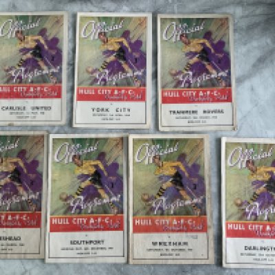 47/48 Hull City Home Football Programmes: Must be near complete to include Rotterdam Rotherham Accrington Stanley Mansfield Stockport Crewe Barrow Chester Rochdale Cheltenham Oldham Lincoln Middlesbrough Darlington Wrexham Southport Gateshead Tranmere York Carlisle and Hartlepool. Mainly good with Rochdale having punch holes. (21)