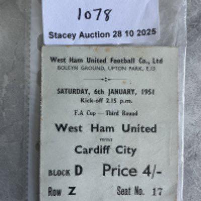 50/51 West Ham v Cardiff City FA Cup Football Ticket: Good condition ticket dated 6 1 1951 with match details. Address written to rear in pencil.
