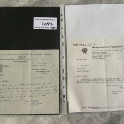 Hull City Headed Paper Football Letters: 1952 letter signed by manager Bob Jackson and a scout of Hulls. 1985 letter signed by manager Brian Horton and an application for benefit to the Football League Provident Fund by 1950s Hull player David Teece.