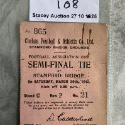 1912 FA Cup Semi Final Football Ticket Swindon Town v Barnsley: Played at Stamford Bridge Chelsea on 30 3 1912. Good condition genuine ticket that was attached by paper clip to previous lot. Tiny paper clip mark to both items. Tiny tear with writing to rear.