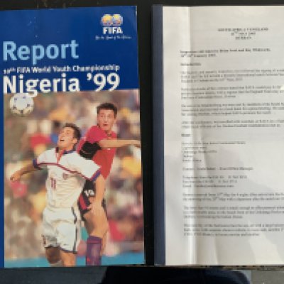 Rare 1999 Youth World Cup Report + More: World Cup reports have been printed for many years but this 1999 FIFA Youth World Cup Report from Nigeria is very unusual and never produced for the public. C/W a very in depth booklet produced for the English FA regarding the 2003 tour to Durban. An incredible insight to include security and pictures of many details including where England fans should be and players entrances, dressing rooms etc and reported in this large document 3 months before proposed match. Interesting. (2)
