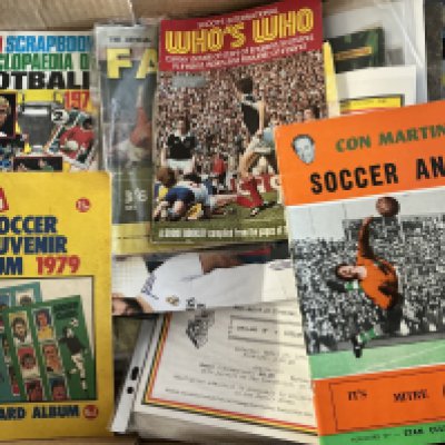 Football Memorabilia Box: Includes books, Football League Reviews, menus, cup final token sheets, records, coins sets, programmes including replica big match, cards and more. Instructions to sell. (2 boxes)