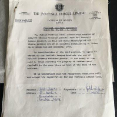 George Cohen Personal Accident Football Letters: 1967 receipt from Fulham for 20k following a career ending knee injury in December 1967. A further letter on Football League headed paper signed by Cohen for receipt of 750 pounds. Interesting. (2)