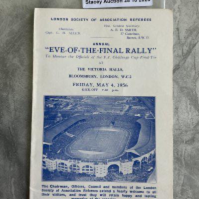 1956 FA Cup Final Eve Of Rally Football Programme: 4 page card for the Birmingham City v Manchester City final. Eve of the final rally is an annual event attended by the referee and linesmen in London the night before the final. Excellent.