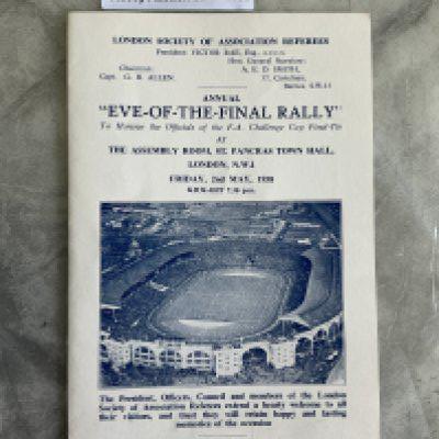 1958 FA Cup Final Eve Of Rally Football Programme: 4 page card for the Bolton v Manchester United final. Eve of the final rally is an annual event attended by the referee and linesmen in London the night before the final. Excellent.