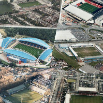 Football Grounds Aerial Photos: Mostly 16 x 12 colour photos for teams F-N which would look great in a man cave or to have in a football quiz. When taken these would have been Englands top 4 divisions clubs to include Fulham Grimsby Halifax Hartlepool Huddersfield Leeds Leicester (Filbert Street) Lincoln Liverpool Macclesfield Man City Man Utd Mansfield Middlesbrough Newcastle Northampton Norwich and Notts County. Top quality large photos. (21)