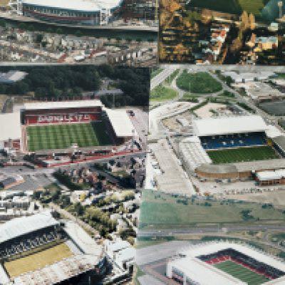 Football Grounds Aerial Photos: 16 x 12 colour photos which would look great in a man cave or to have in a football quiz. When taken these would have been Englands top 4 divisions clubs. Includes Barnsley Derby Chelsea Leeds Oxford Stoke Cardiff Halifax Mansfield Southampton Sunderland Tranmere West Ham Wrexham Wycombe and York. Top quality large photos. (16)