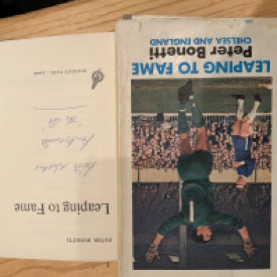 Peter Bonetti Signed Chelsea + England Football Book: Leaping To Fame 1968 Stanley Paul book signed inside without dedication in blue biro. Good.