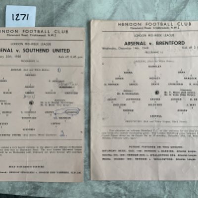 49/50 Arsenal v Brentford + Southend LMWL Football Programme: Pink single sheets played at Hendon. Brentford dated 14 12 1949 is very good with no team changes and Southend dated 25 1 1950 has been trimmed and has team changes. (2)