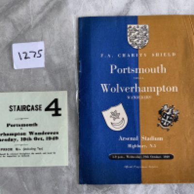 1949 Charity Shield Football Programme + Ticket: Portsmouth v Wolves played at Arsenal. Both very good with pencilled team changes to programme. Light folding. (2)