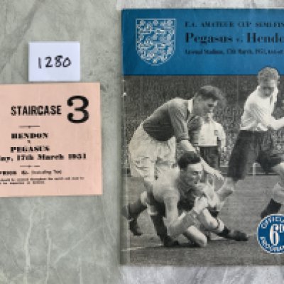 1951 Amateur Cup Semi Final Programme + Ticket: Played at Arsenal between Pegasus and Hendon. Both very good with programme not having any team changes. (2)