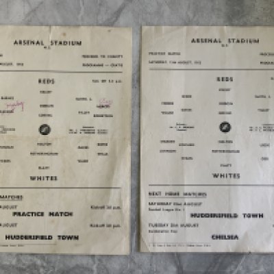 53/54 Arsenal Practice Match Football Programmes: Excellent condition single sheets dated 8/8/53 with two team changes and 15/8/53 with no writing. (2)