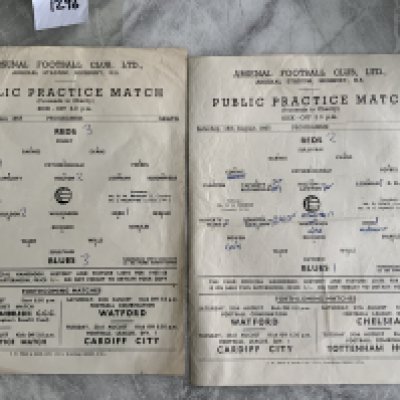 55/56 Arsenal Practice Match Football Programmes: Single sheets dated 6 8 1955 and 13 8 1955. Slight mark to earlier one and writing to both. Fair/good. (2)