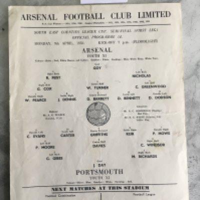55/56 Arsenal v Portsmouth SECLC Semi Final Football Programme: Single sheet with no team changes dated 9 4 1956. South East Counties League Cup match. Good with folding.