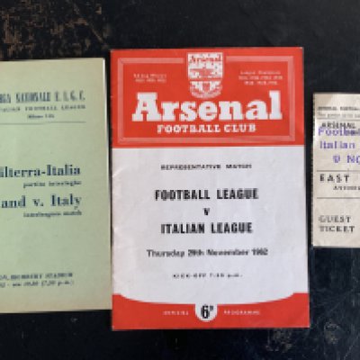 62/63 Football Programmes + Tickets Played At Arsenal: Football League v Italian League with Italian players itinerary, England v Football League and Bangor v Napoli. All 3 programmes have accompanying tickets. Please note the Bangor has a ticket that is not dated and does not state match. (7)