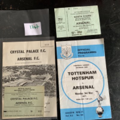 Arsenal 70/71 Away Football Programmes + Tickets: Famous last match of the double season away to Tottenham plus a pre season friendly at Crystal Palace. Programme + ticket for both. Please note unused Spurs ticket is dated 27 3 71 which was postponed. (4)