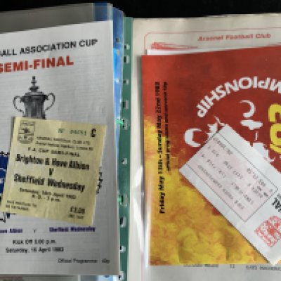 Arsenal 82/83 Football Programme + Ticket Collection: 32 1st team homes with accompanying tickets plus a probable complete set of reserve sheets with youth cup. Quantity in collectors folder. Tickets include Manchester United League Cup SF and Spartak Moscow. C/W an A4 page programme of London v Liverpool schools with a young Paul Ince and Darren Beckford. Other programmes with tickets include FA Cup SF and Youth tournament.