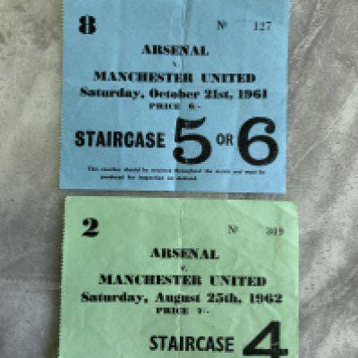 61/62 + 62/63 Arsenal v Manchester United Football Tickets: Good condition tickets for league matches at Highbury. Folds. (2)