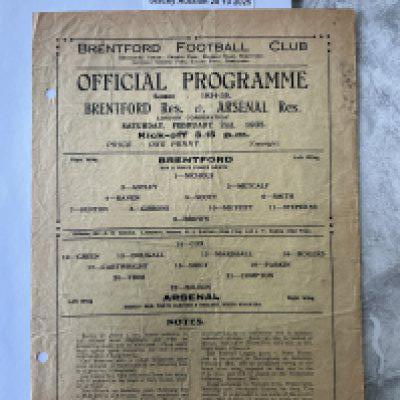 34/35 Brentford Reserves v Arsenal Football Programme: London Combination single sheet dated 2 2 1935. Two punch holes and creasing but no team changes.