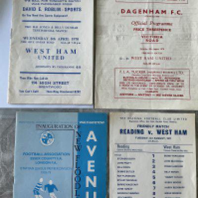 1970s West Ham Away Friendly Football Programmes: Good condition to include 69/70 Brentwood, 70/71 Dagenham sof, 71/72 Reading, 78/79 Walthamstow. (4)