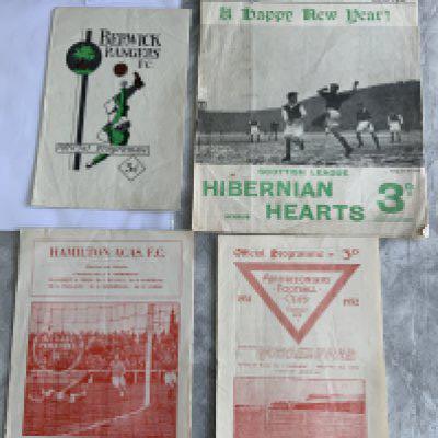 1950s Scottish Football Programmes: 51/52 Berwick v Stirling, Airdrieonians v Morton, 53/54 Hamilton v Raith, Hibernian v Hearts number to cover. Good unless stated. (4)