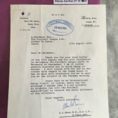 England 1966 World Cup Doctors Autograph: Very rare autograph of official doctor Alan Bass. Not many collectors will have this as they believe incorrectly that Neil Phillips was the official doctor. There is a famous photo of the trainers at the full time whistle with everyone looking excited except Ramsey and the person sitting next to him (Bass). Autograph is on a letter addressed to Alan Hardaker accepting to travel to Belgium in 1967 with England. Included is information on Bass claiming without him they would not have won the World Cup and the mentioned picture. Hard to obtain as he emigrated not long after.