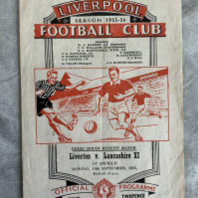 55/56 Liverpool + Everton (Liverton) v Lancashire X1 Football Programme: Eddie Spicer benefit match dated 19 9 1955. Excellent 4 pager with no team changes. Lancs team is full of quality players including Matthews Trautmann Eckersley Law and Johnston. Home team is a mixture of Everton and Liverpool players.