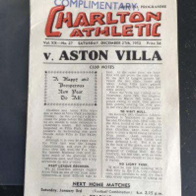 52/53 Charlton v Aston Villa Postponed Football Programme: Dated 27 12 1952 in good condition with no team changes. Stamped complimentary as not many made it to the public domain. Word postponed written to team page.